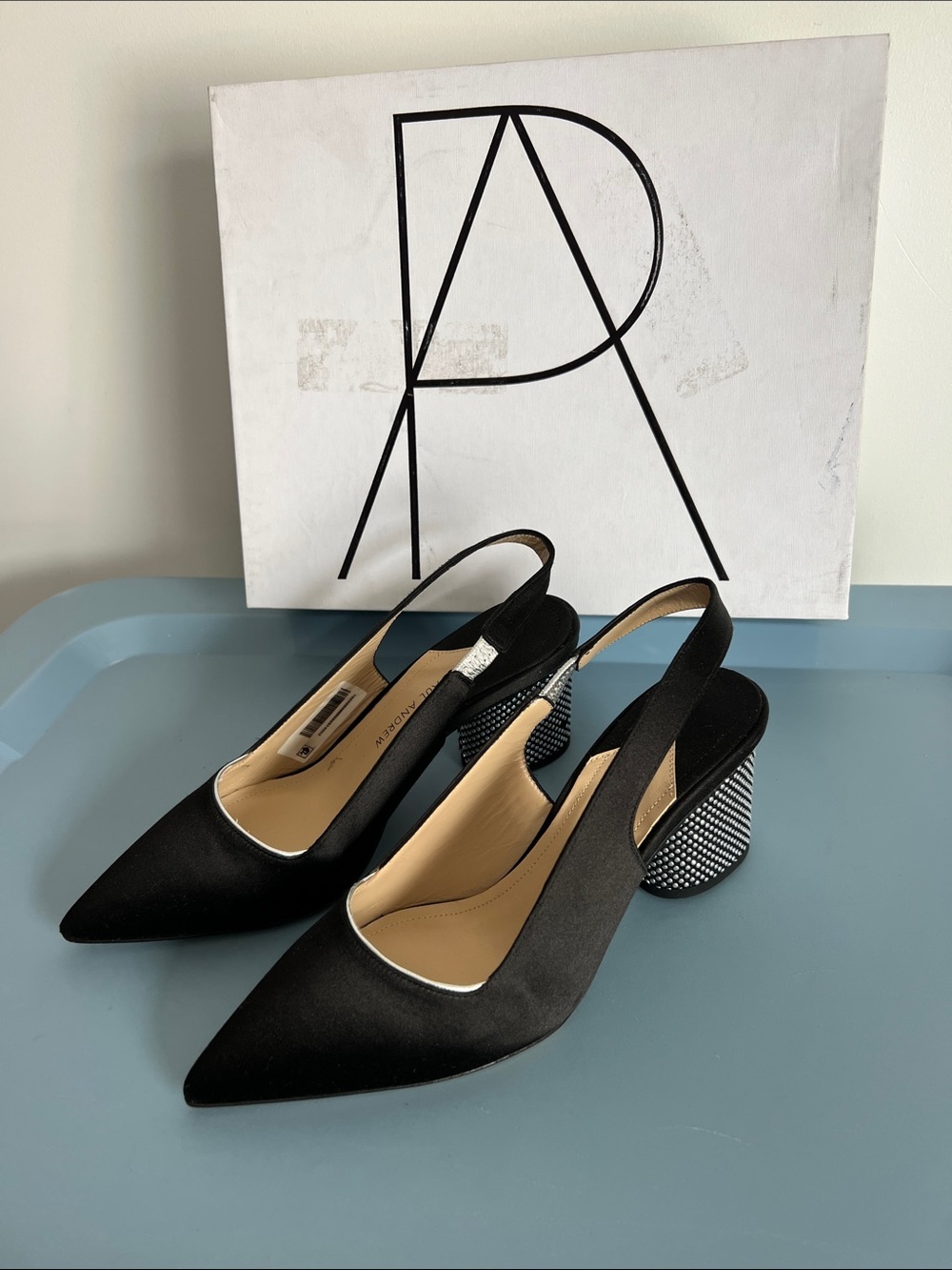 Paul Andrew kapoor 60 satin black silver studded block pointed toe heels 36